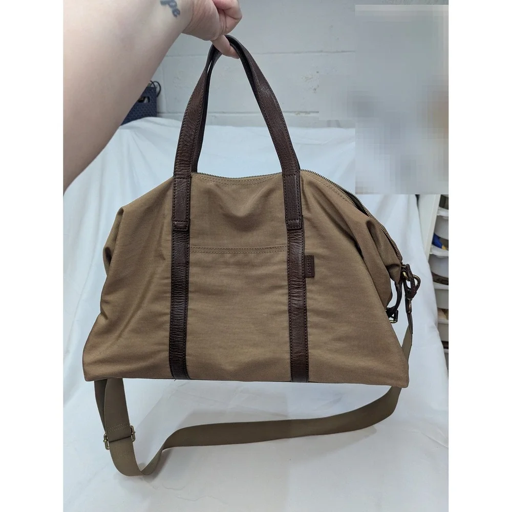Fossil Duffle Bag Tan Canvas Brown Leather Trim Weekender Travel Luggage Large